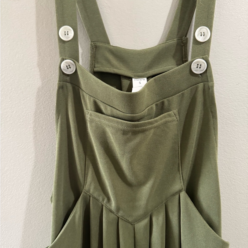 Green waffle wide leg jumpsuit with White Buttons